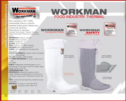 Bota Industrial PVC Workman Food Industry Thermal E810026 Sin Puntera. Zapatón interno disminuye 2 tallas. PRECIO SIN IVA