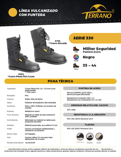 Bota Industrial Militar 3301 Seguridad Cuero Lona con Puntera de Acero. PRECIO SIN IVA